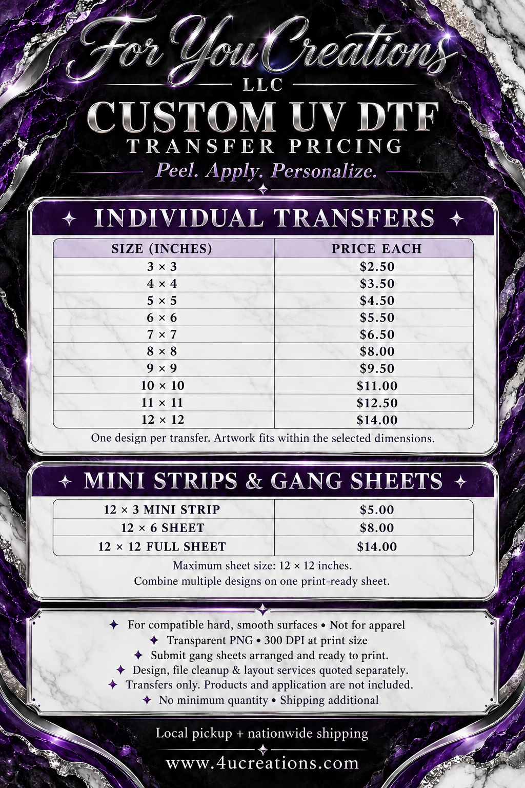 UV DTF price list with mini strips, half sheets and full sheets up to 12 by 12 inches