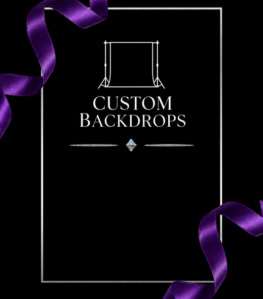 CUSTOM BACKDROPS — white outline on black with purple ribbons