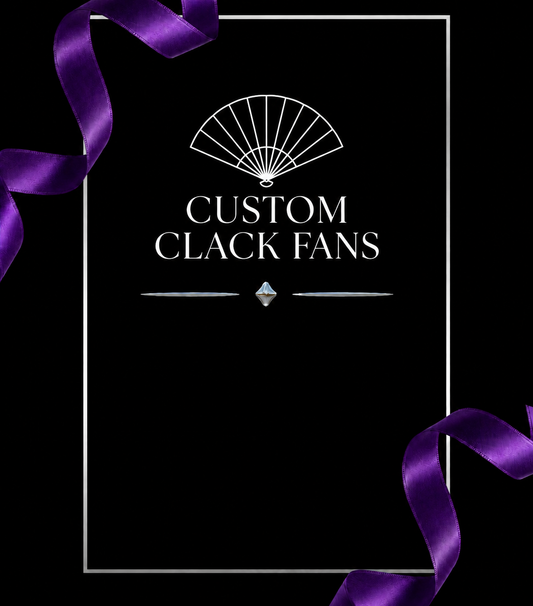 CUSTOM CLACK FANS — white outline on black with purple ribbons