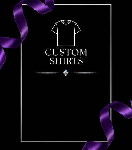 CUSTOM SHIRTS — white outline on black with purple ribbons