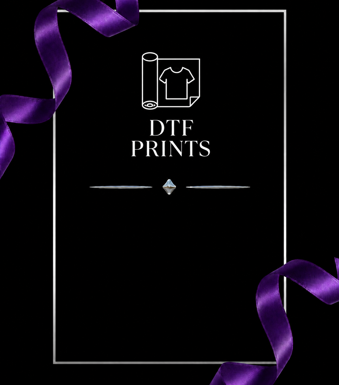 DTF PRINTS — white outline on black with purple ribbons