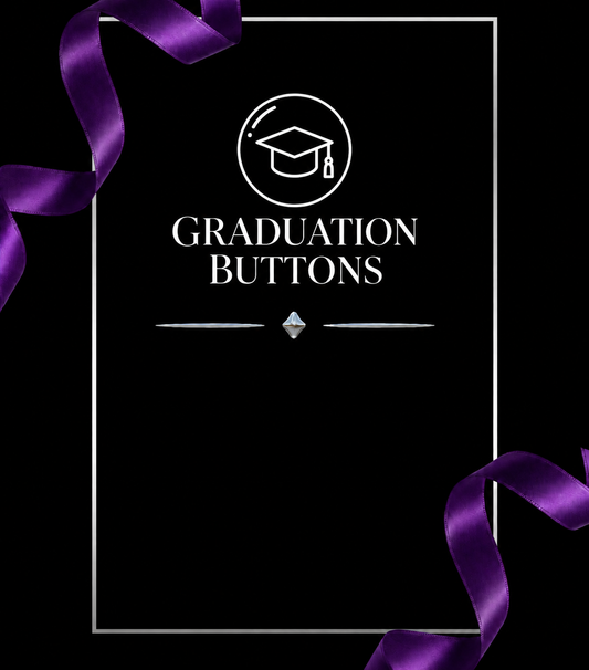 GRADUATION BUTTONS — white outline on black with purple ribbons