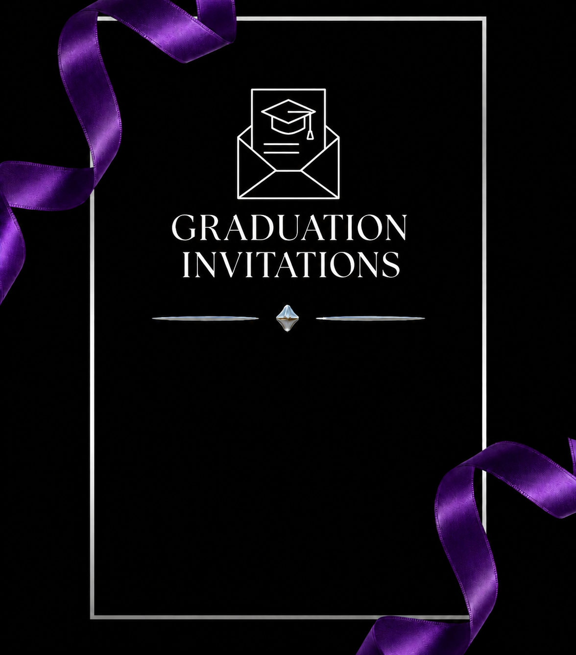 GRADUATION INVITATIONS — white outline on black with purple ribbons