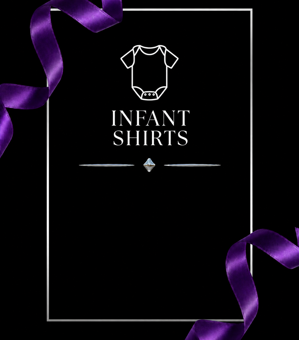 INFANT SHIRTS — white outline on black with purple ribbons