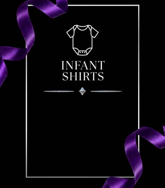 INFANT SHIRTS — white outline on black with purple ribbons