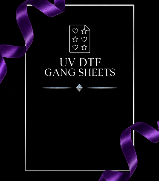 UV DTF GANG SHEETS — white outline on black with purple ribbons