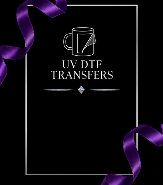 UV DTF TRANSFERS — white outline on black with purple ribbons