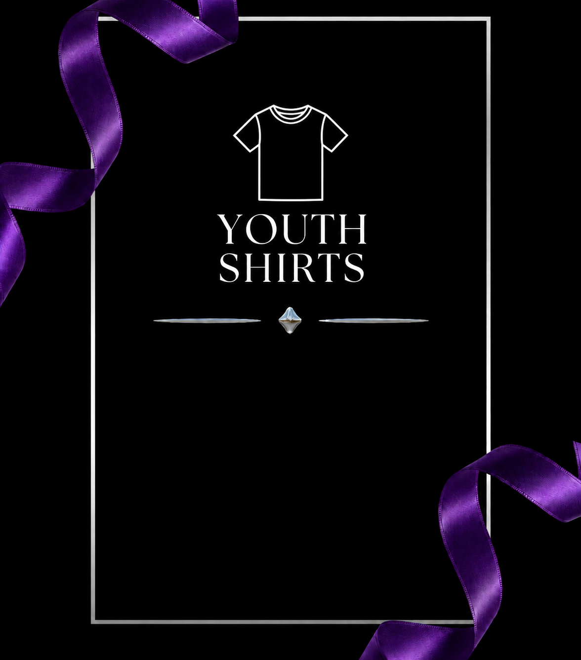 YOUTH SHIRTS — white outline on black with purple ribbons