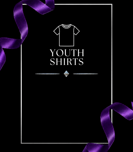 YOUTH SHIRTS — white outline on black with purple ribbons